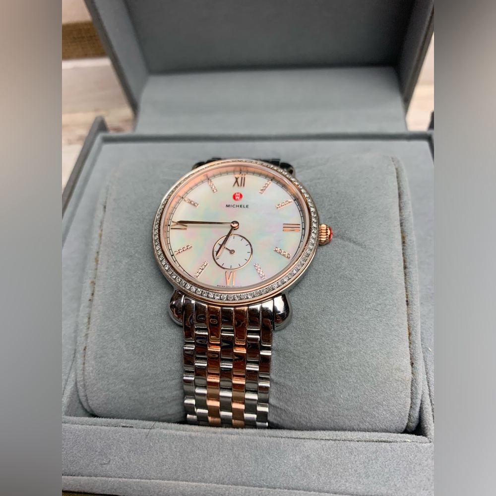 Michele | Two-tone Gracile Mother of Pearl Diamond Watch - Picture 5 of 10
